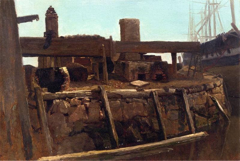 Albert Bierstadt Wharf Scene with Ship at Dock